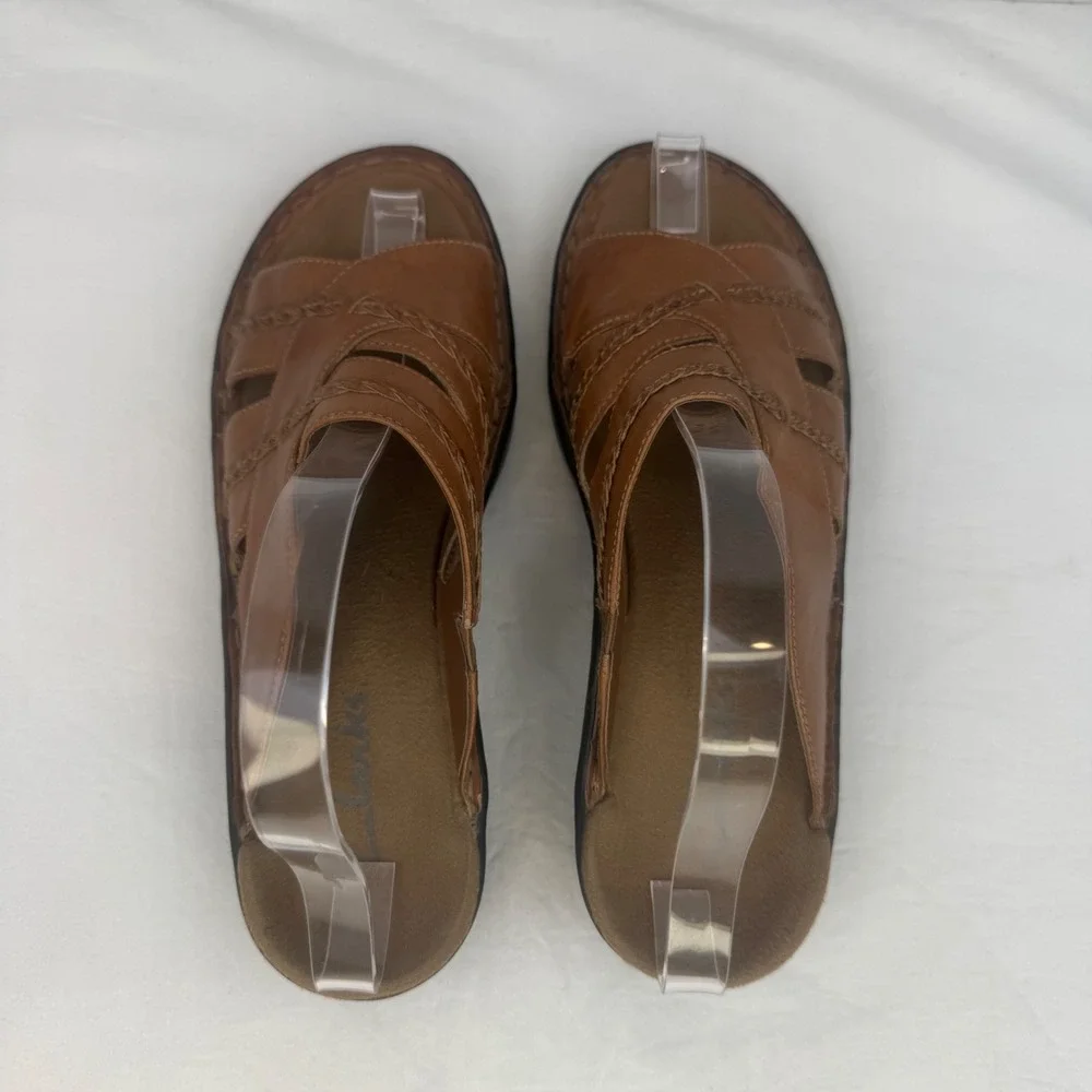 Clarks Womens Tan Brown Leather Braided Slide Sandals Size 7M Made in Brazil - Picture 9 of 13